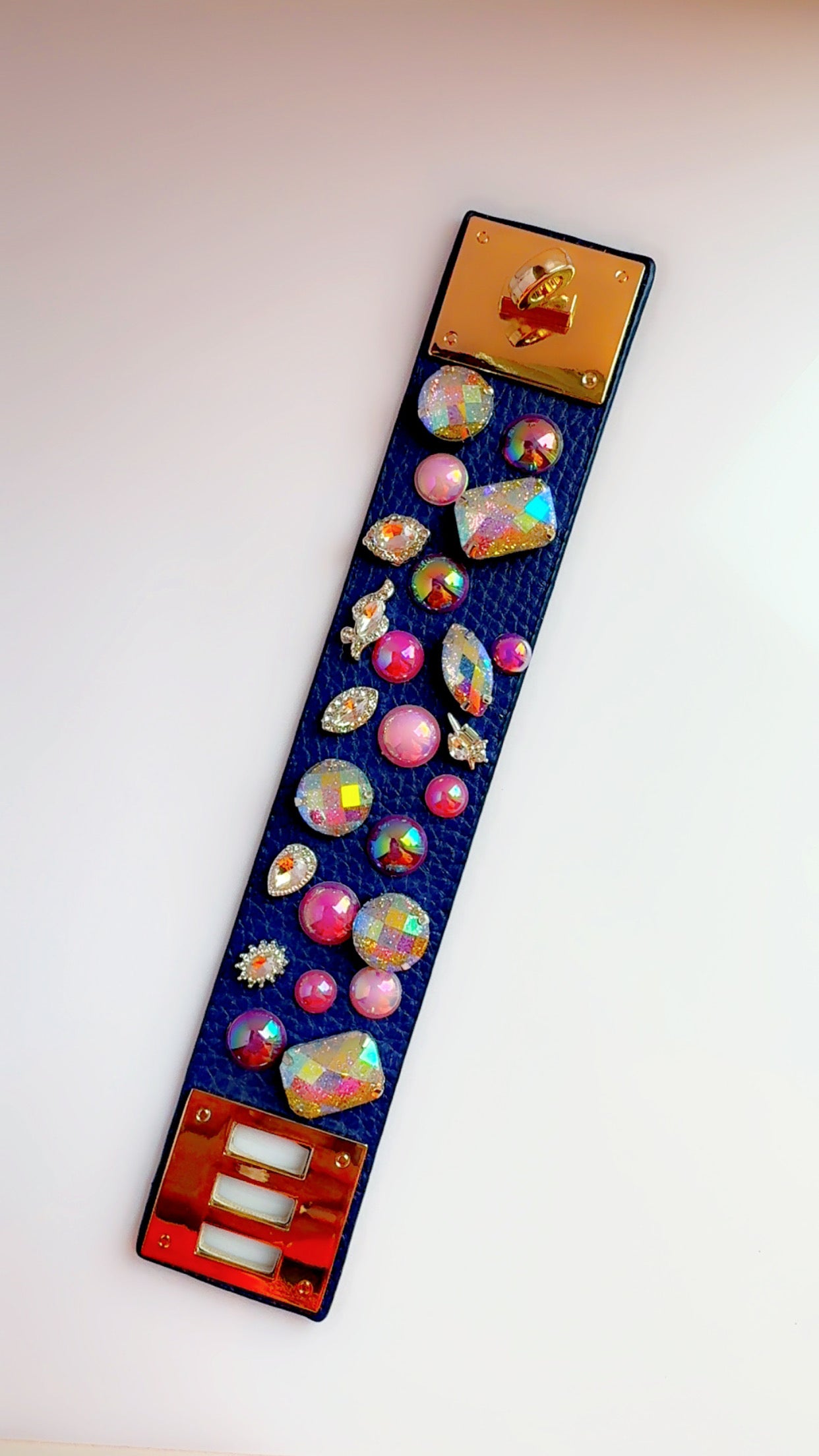 Navy Leather Bling Cuff