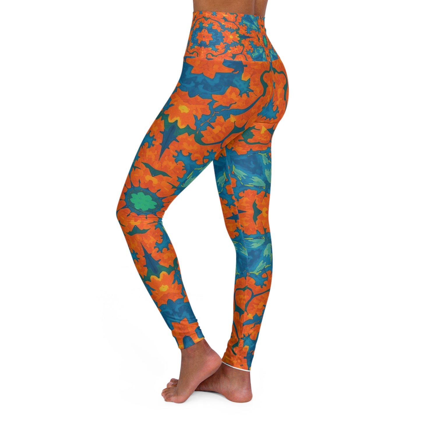 High-Waist Floral Tie-Dye Yoga Leggings — Vibrant Orange & Teal AOP