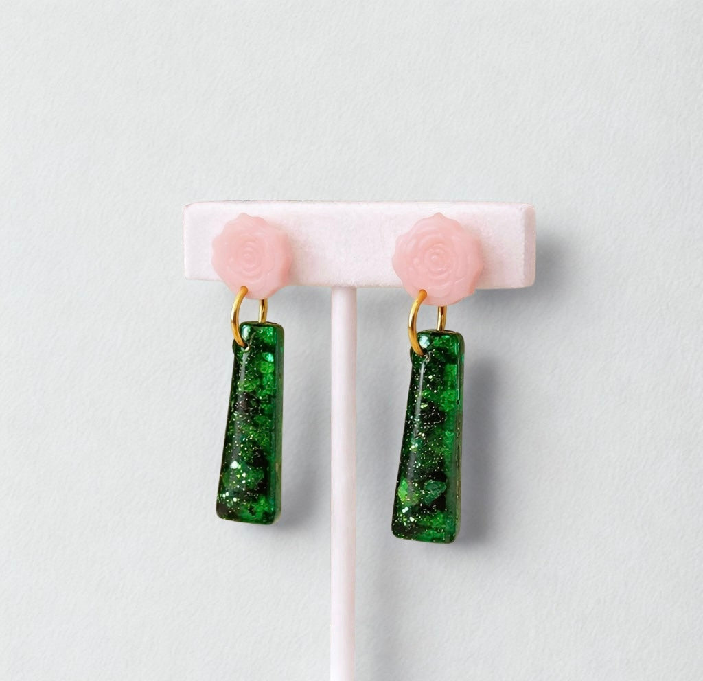 Emerald Green Pink Floral Ear Candy