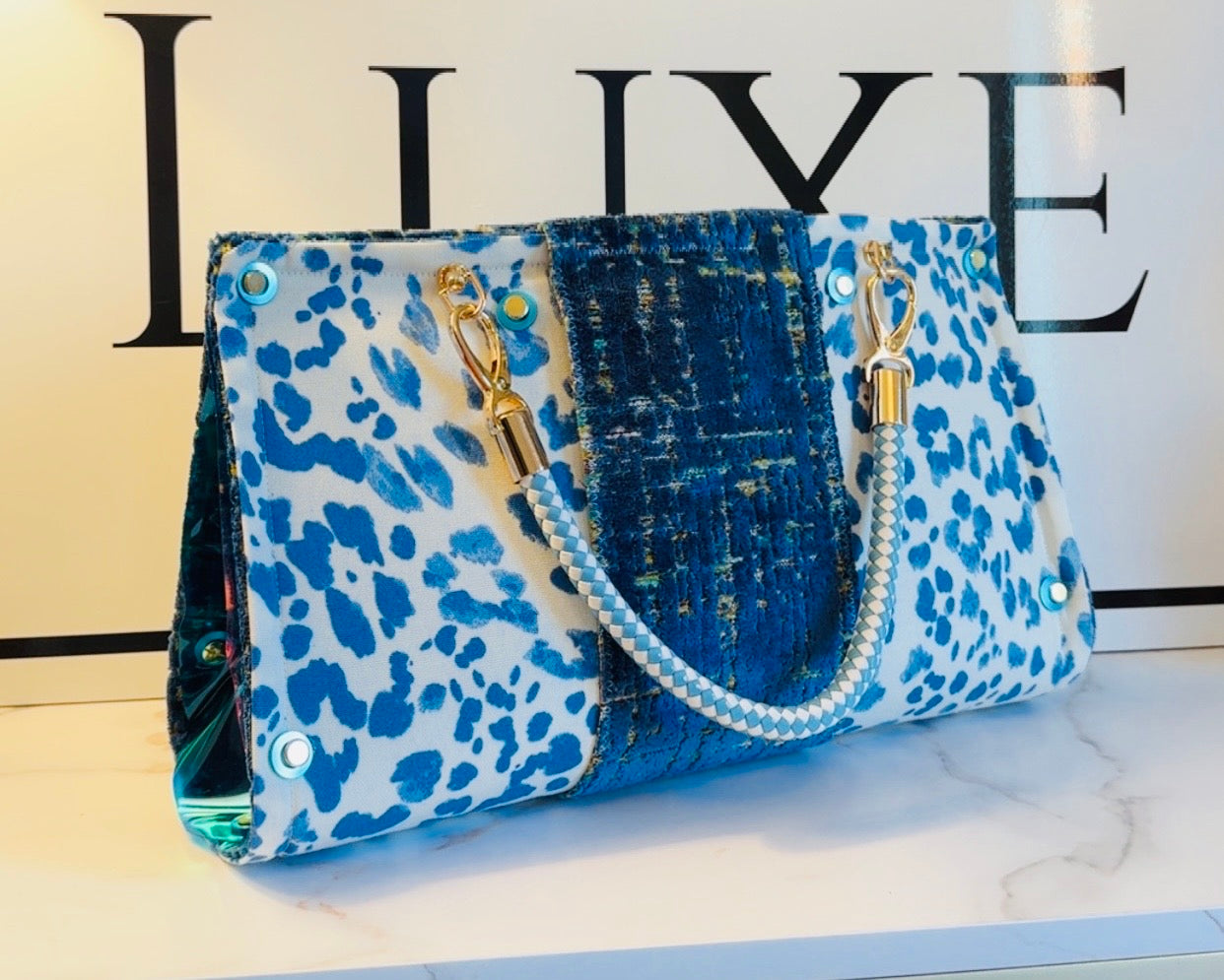 Blue Leopard Vinyl Clutch