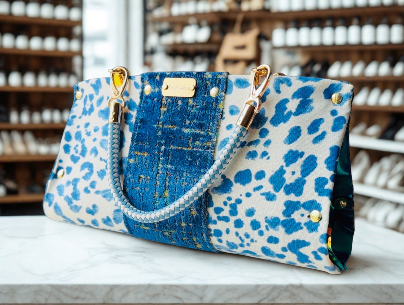 Blue Leopard Vinyl Clutch