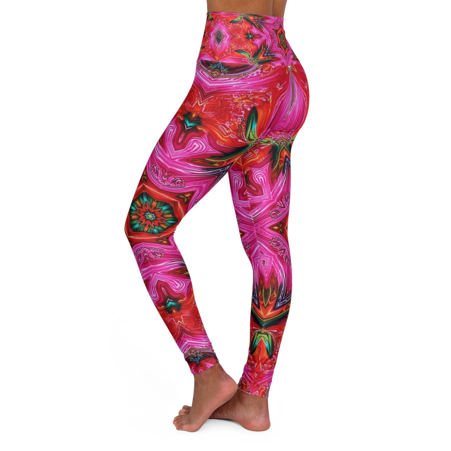 High-Waist Pink Kaleidoscope Yoga Leggings — Vibrant Floral Mandala Print