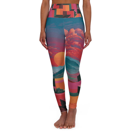 Sunset Horizon High-Waist Yoga Leggings — Colorful Geometric Sunset Print