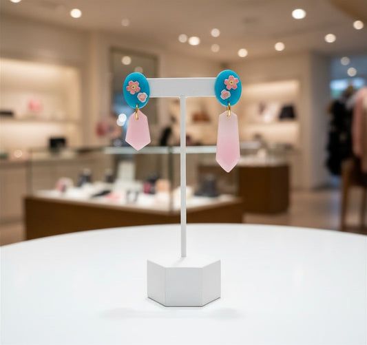 ￼Pink Chandelier Blue Floral Ear Candy