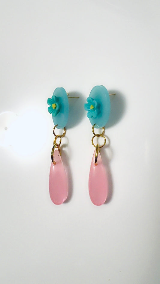 Blue Floral Pastel Pink Dangles