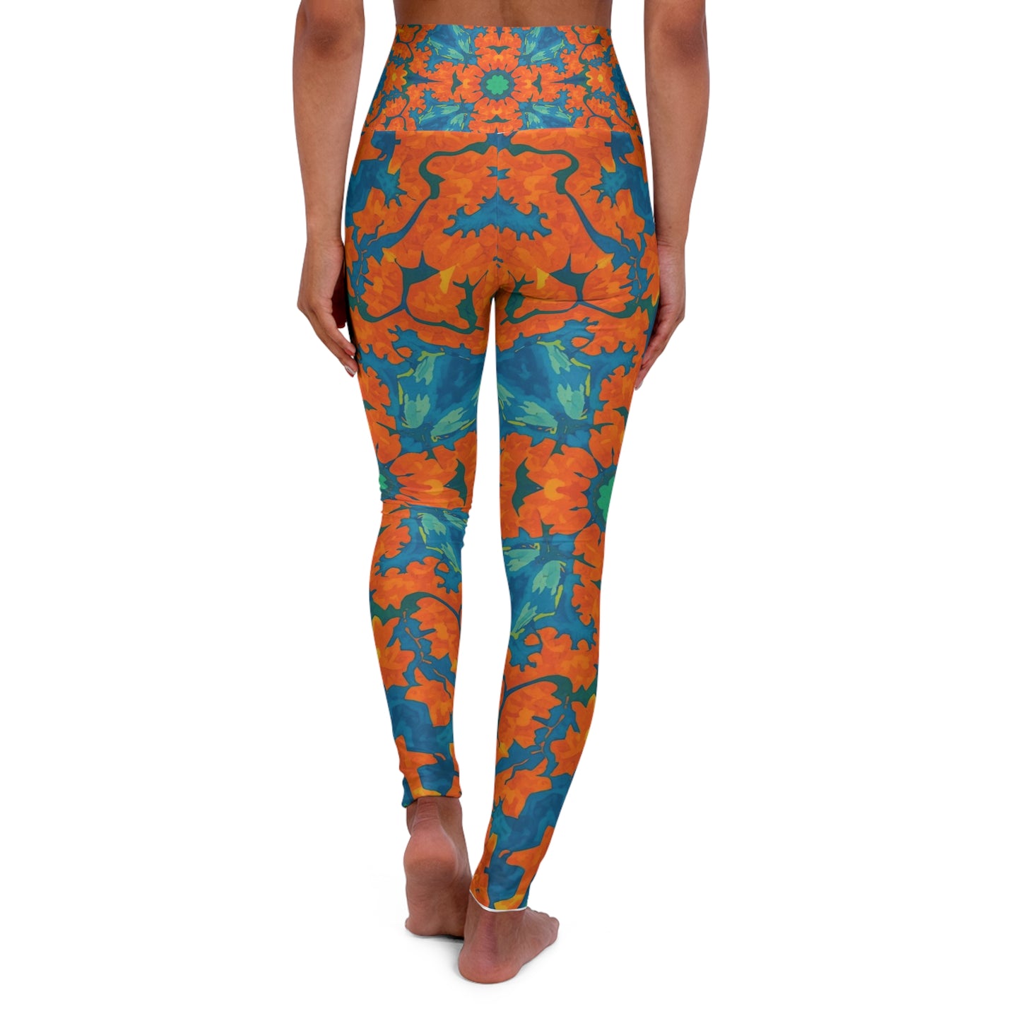 High-Waist Floral Tie-Dye Yoga Leggings — Vibrant Orange & Teal AOP