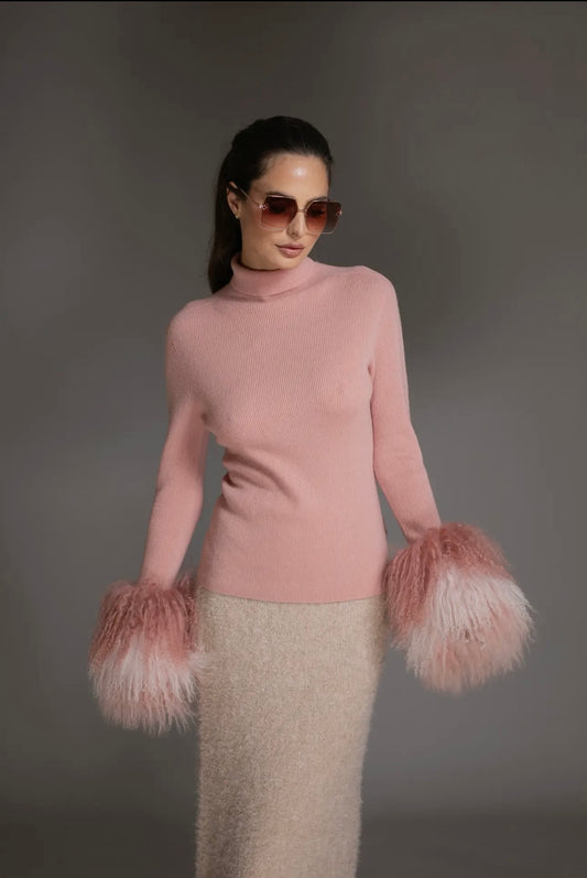 Italian Pink Sweater with Mongolian Wool Cuffs
