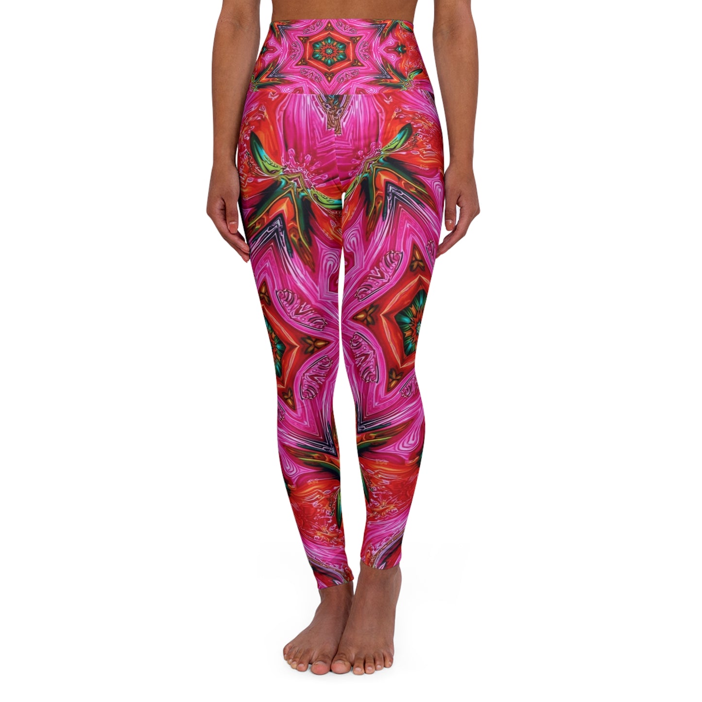 High-Waist Pink Kaleidoscope Yoga Leggings — Vibrant Floral Mandala Print