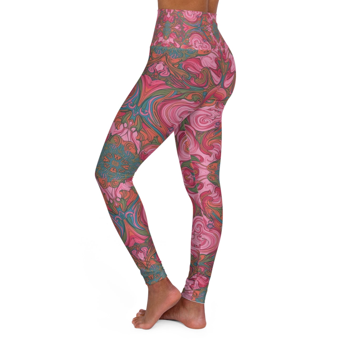 High-Waist Marble Swirl Yoga Leggings — Pink Floral Patterned Activewear