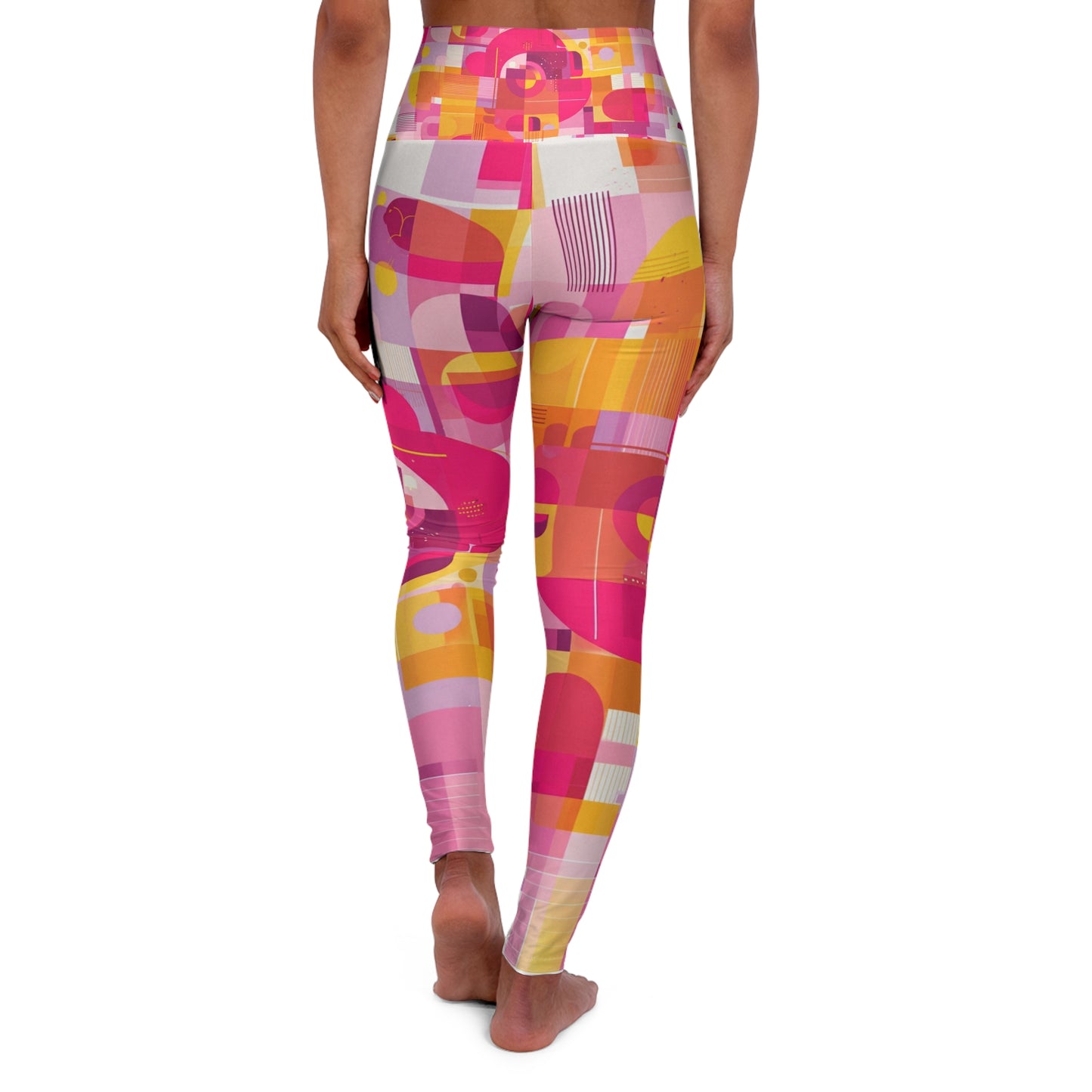 High-Waisted Yoga Leggings — Pink Orange Retro Abstract All-Over Print