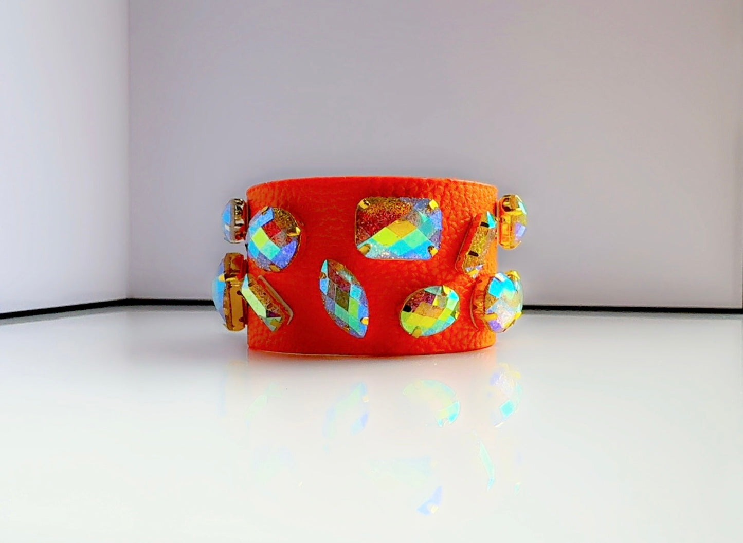 Orange Leather Bling Cuff