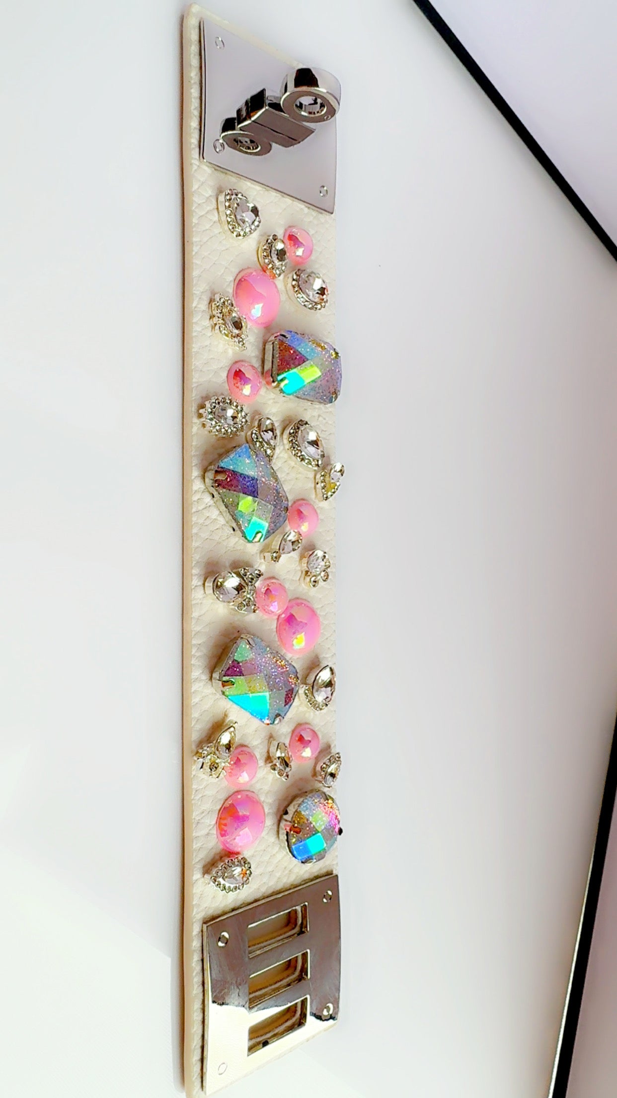 White Leather Pink Bling Cuff