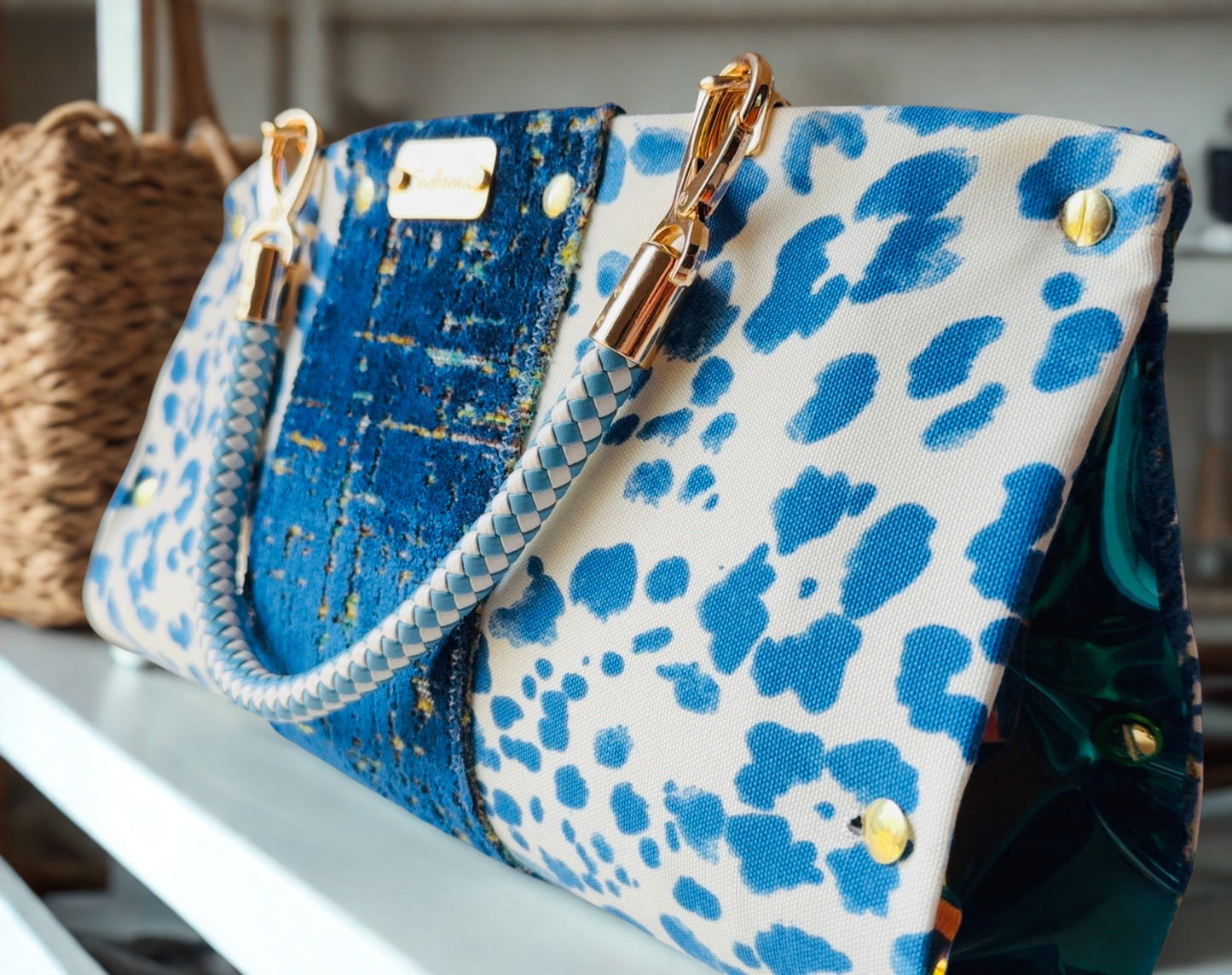 Blue Leopard Vinyl Clutch