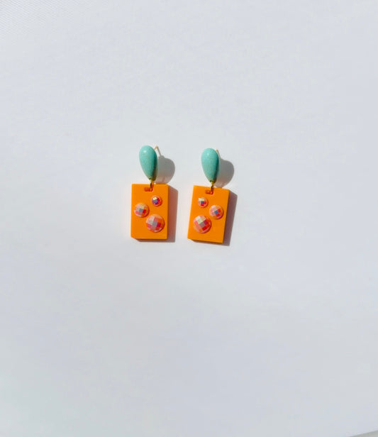 Orange Turquoise Rectangle Dangle Earrings