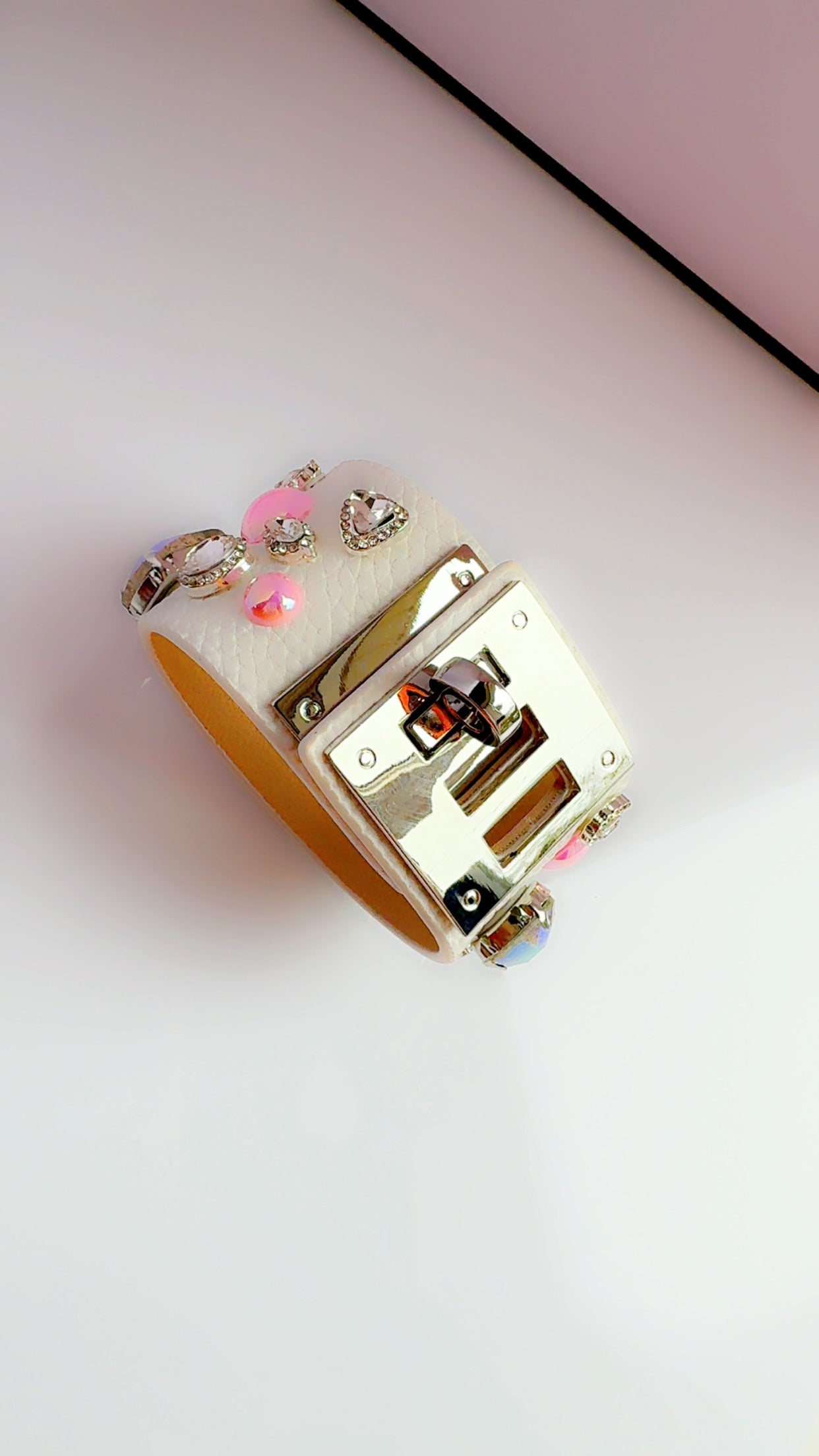 White Leather Pink Bling Cuff