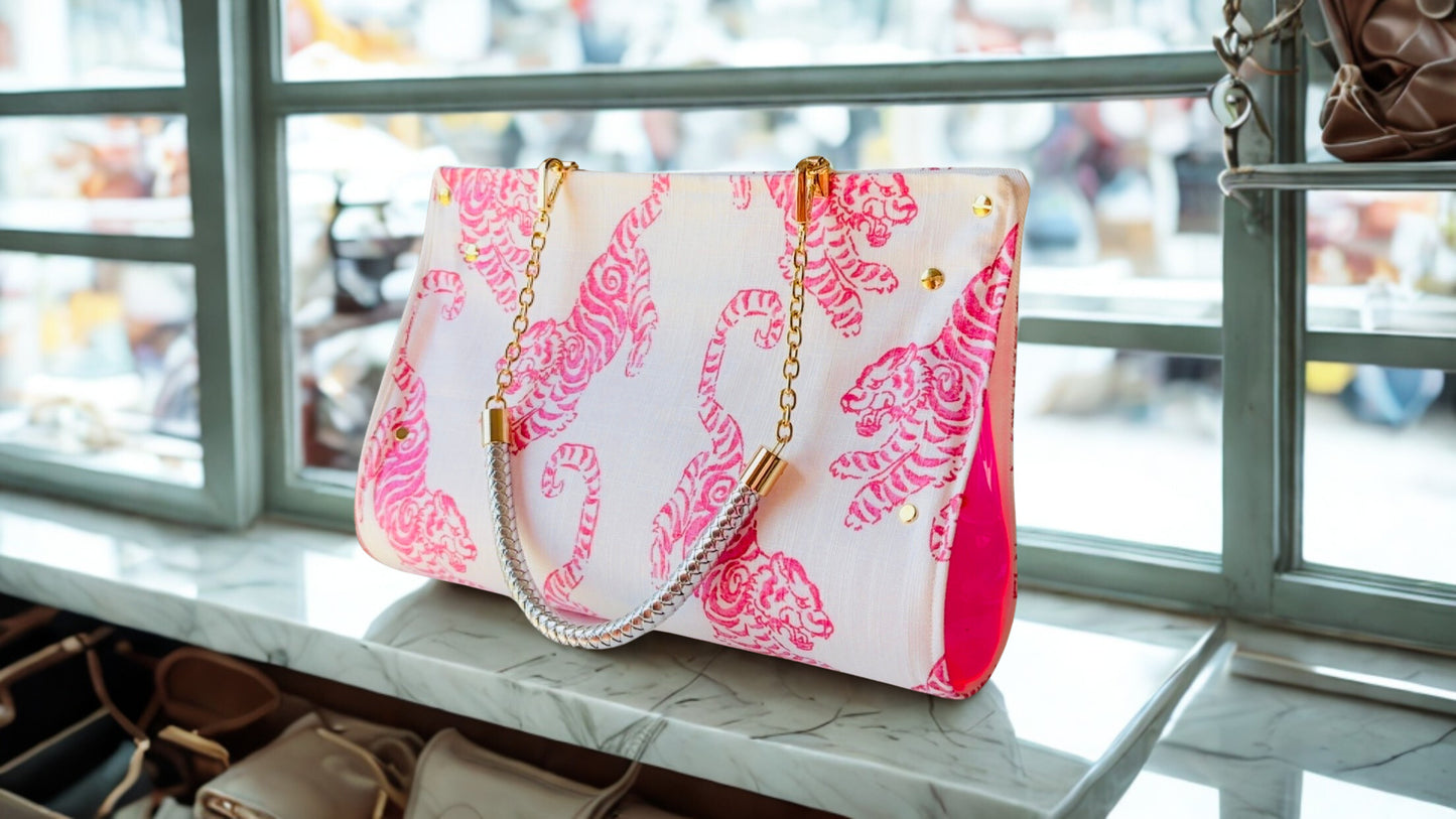 Pink Tiger Linen Handbag ￼￼￼