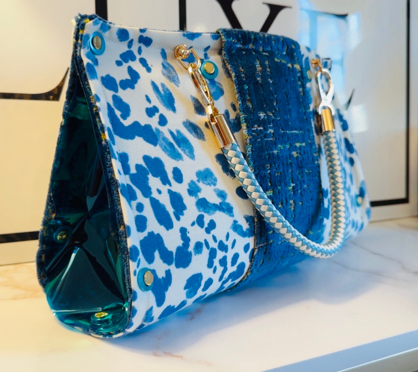 Blue Leopard Vinyl Clutch
