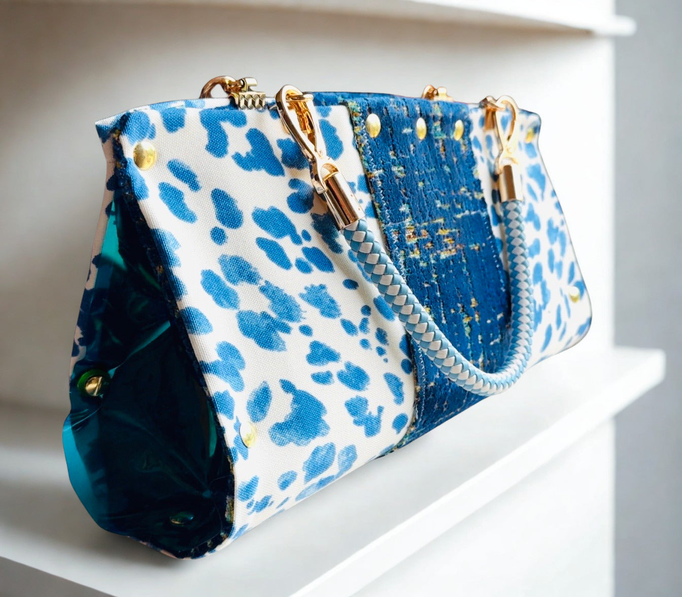 Blue Leopard Vinyl Clutch
