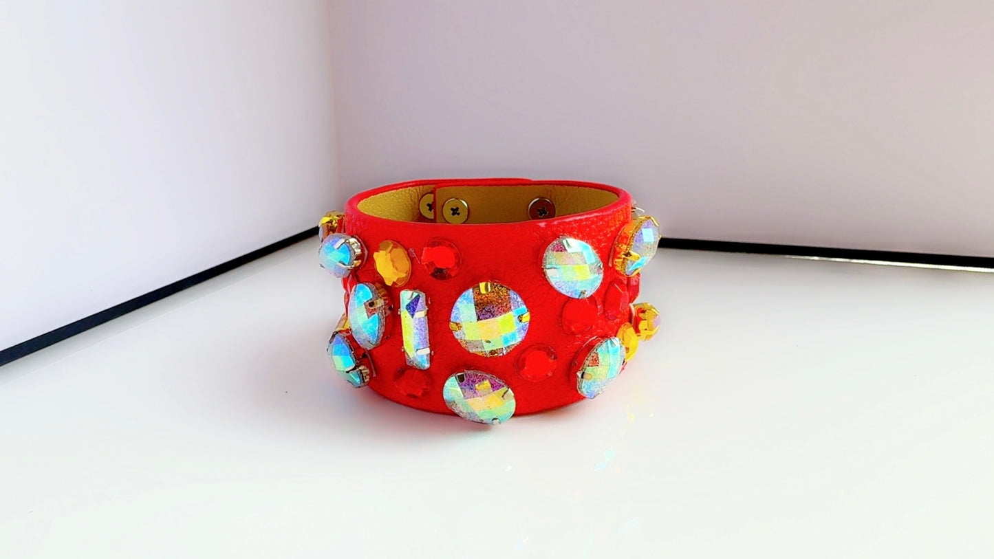 Red Leather Bling Cuff