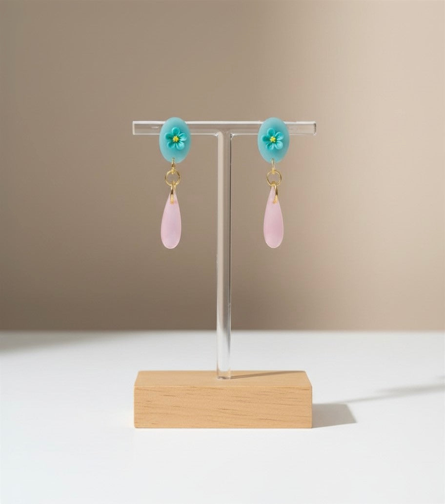 Blue Floral Pastel Pink Dangles
