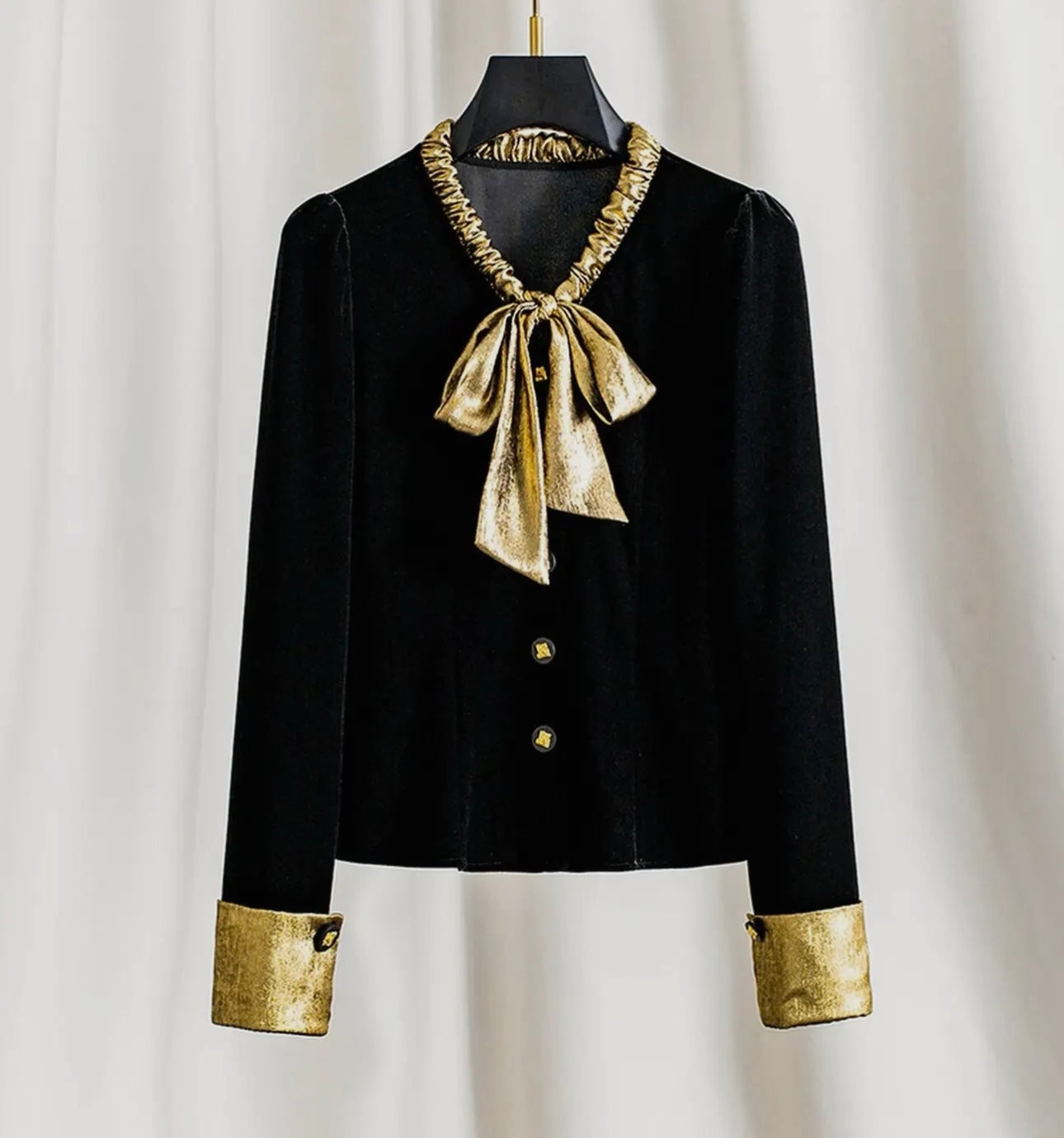 Shania Black Velvet Gold Tie Top