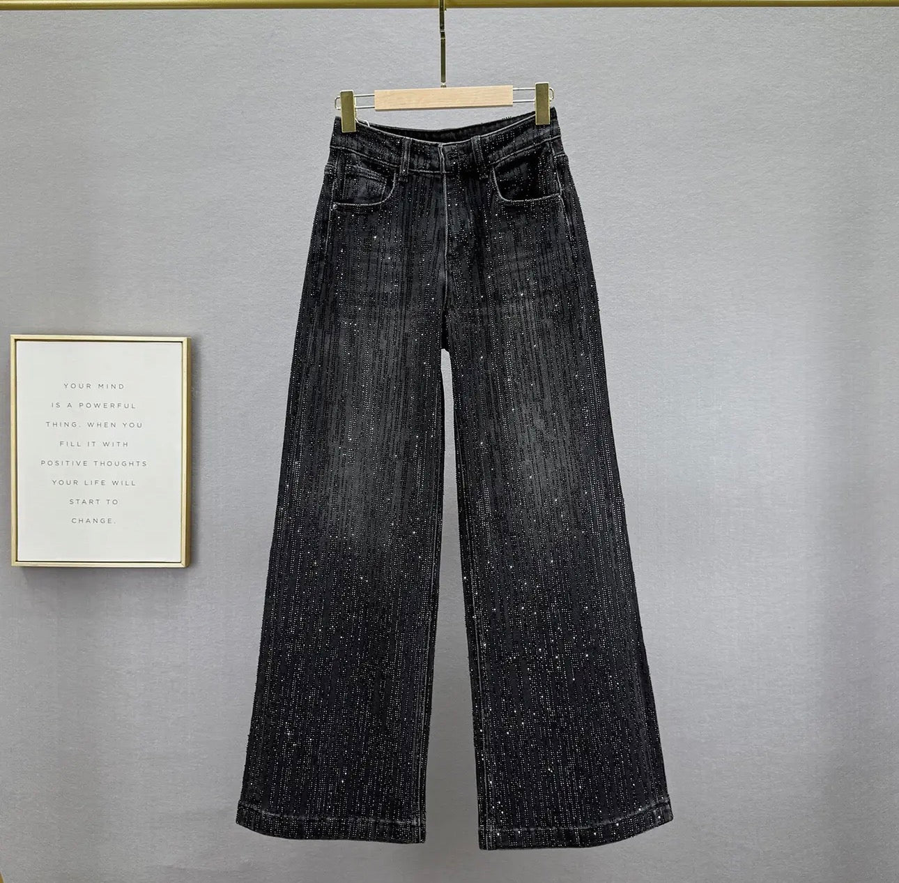 Black Rhinestone Wide Leg Jeans