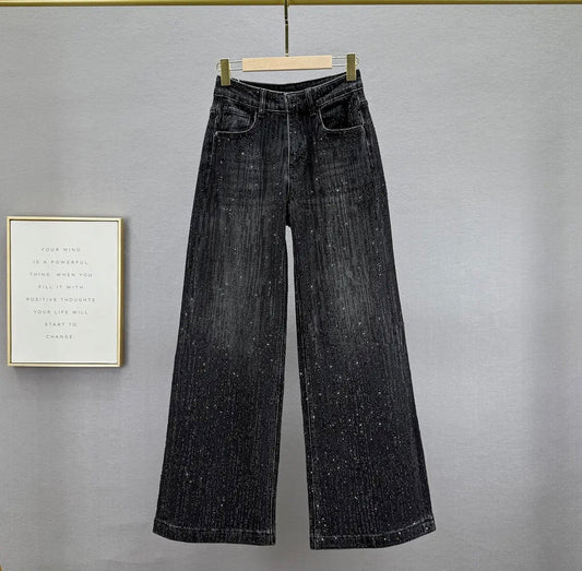Black Rhinestone Wide Leg Jeans