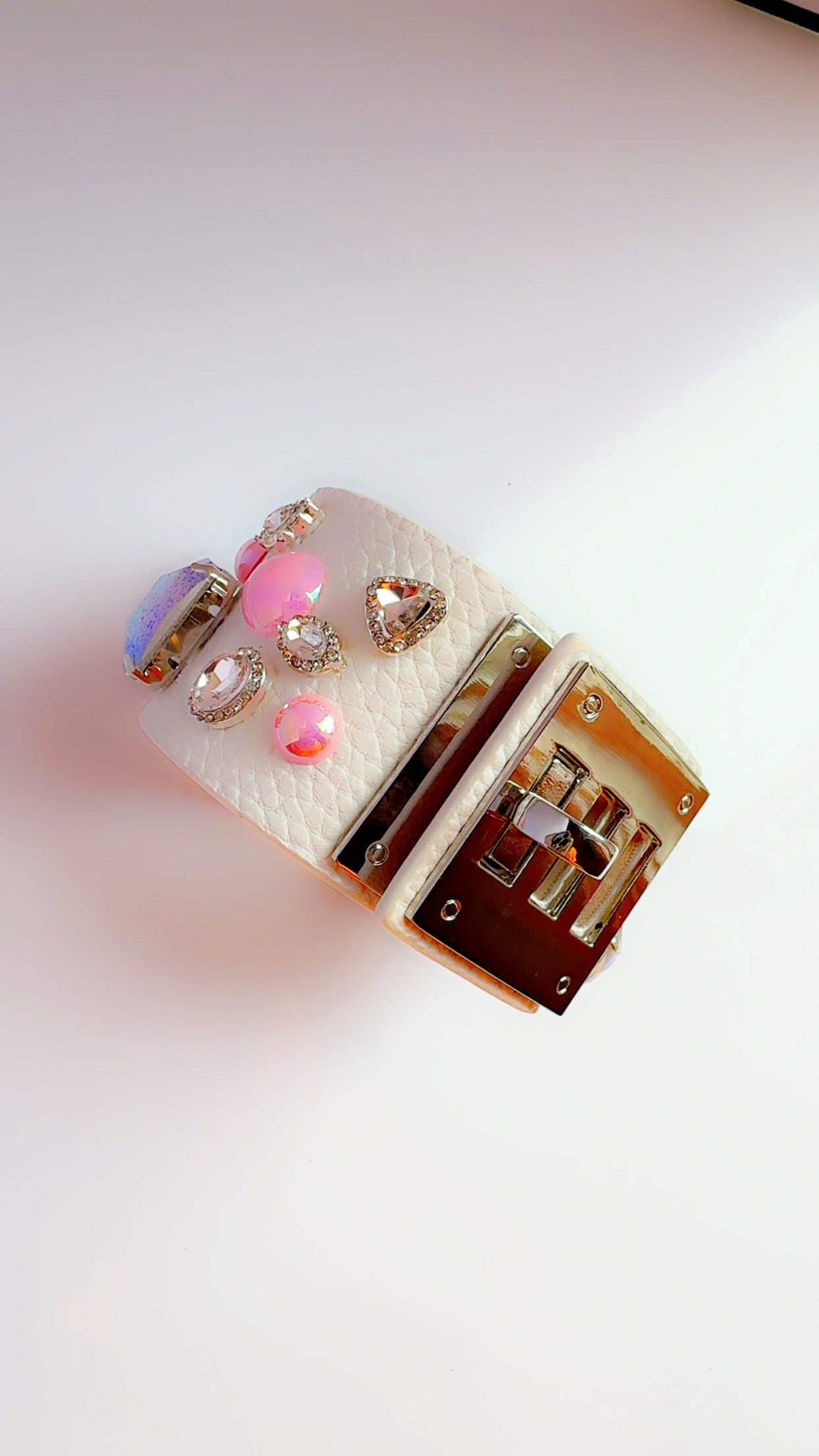 White Leather Pink Bling Cuff