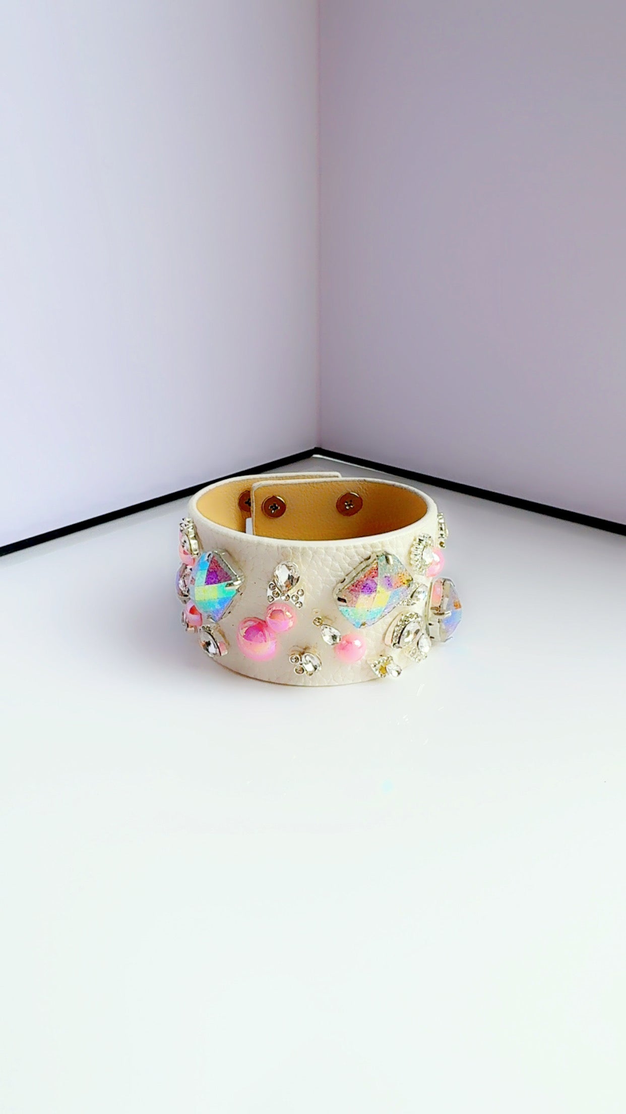 White Leather Pink Bling Cuff