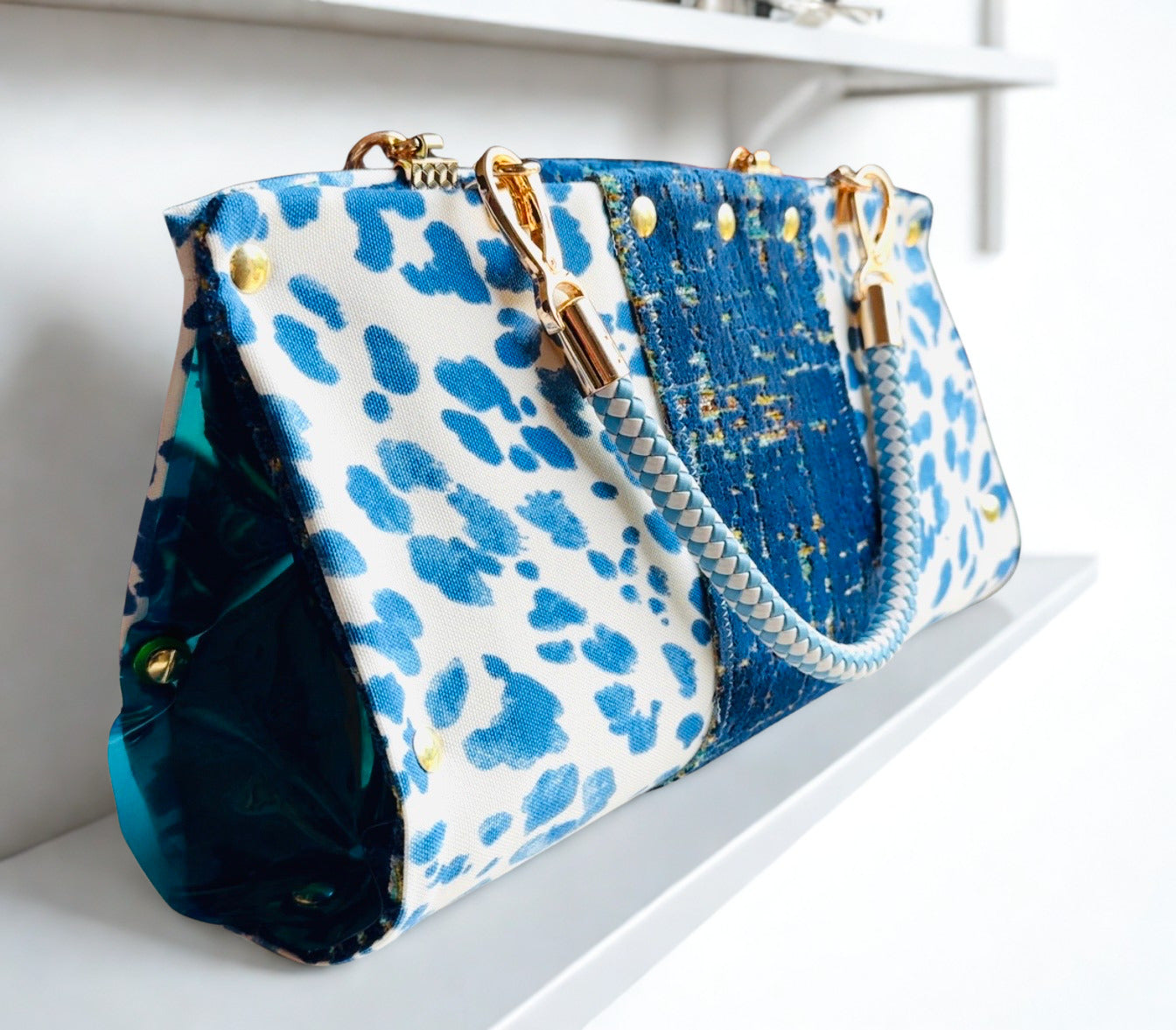Blue Leopard Vinyl Clutch