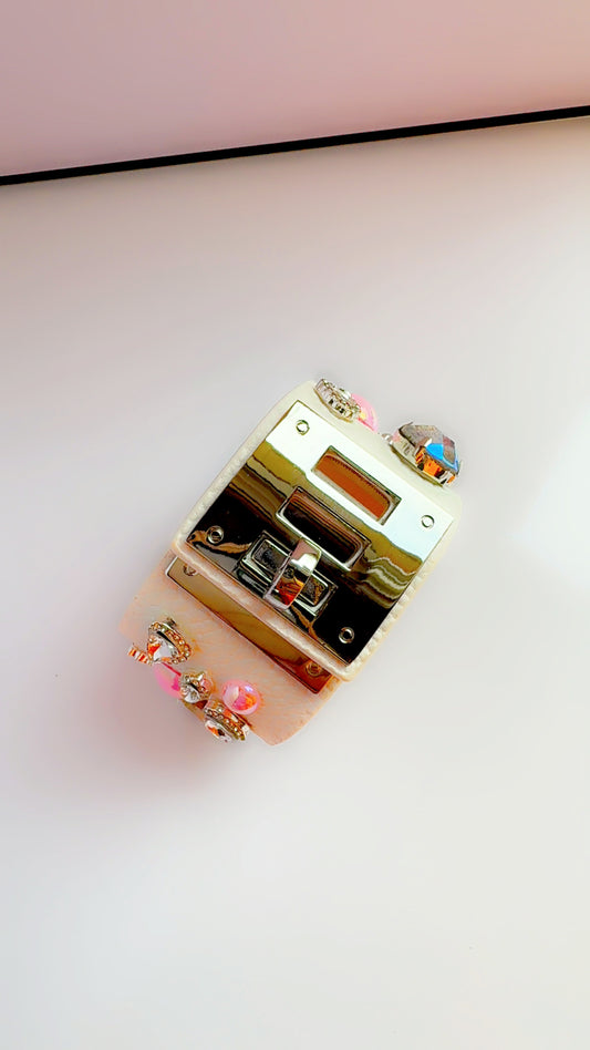 White Leather Pink Bling Cuff