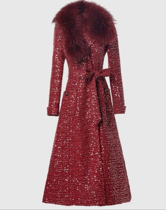 Deville Red Sequin Fur Trim Coat