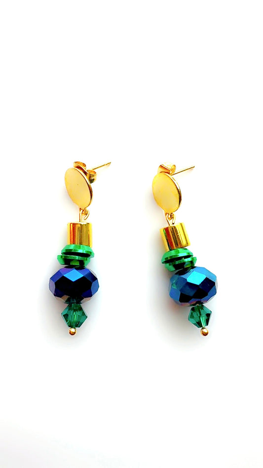 Blue Green and Gold Drop Earrings