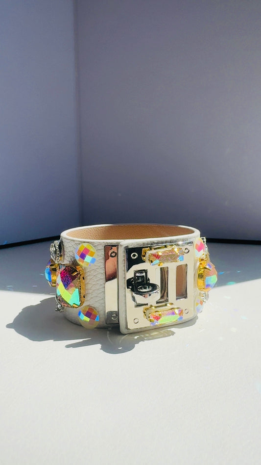 Gold Gem White Leather Cuff