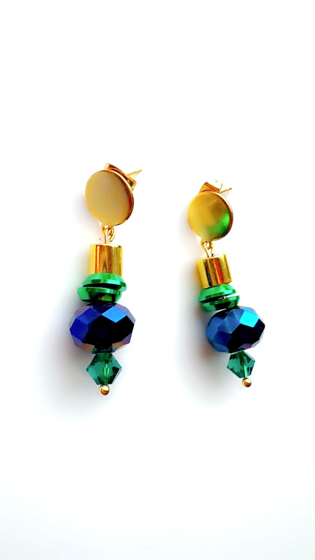 Blue Green and Gold Drop Earrings